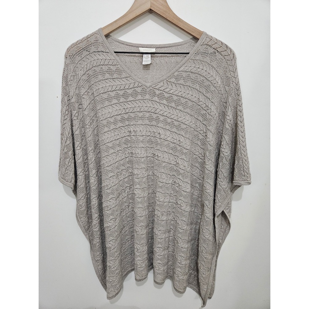 Chicos Metallic Knit Poncho Top‎ V-Neck Taupe Shimmer Pointelle L/XL